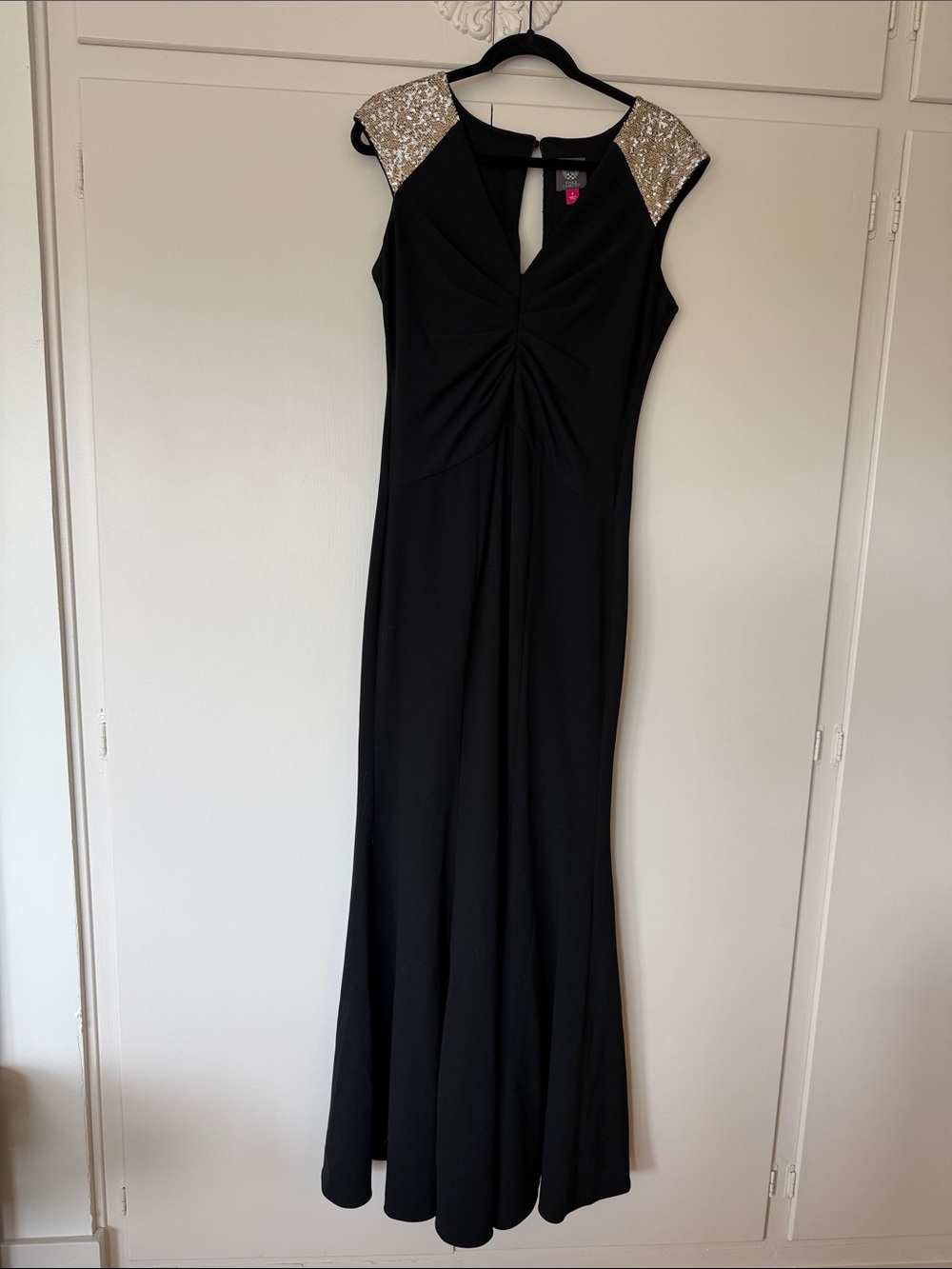 Vince Camuto Black Maxi Dress with Gold Sequin Cap Sleeves